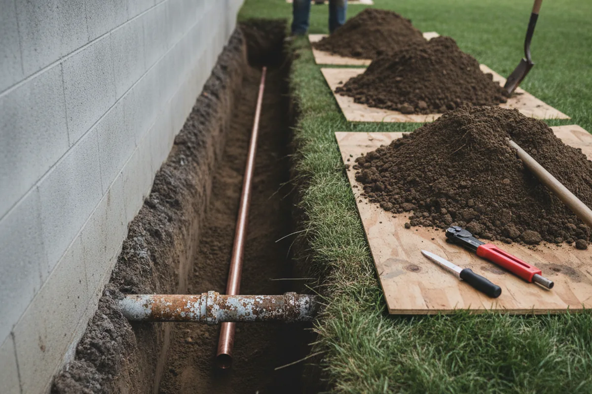 Excavated water line trench during Sewer Line Repair in Sparta